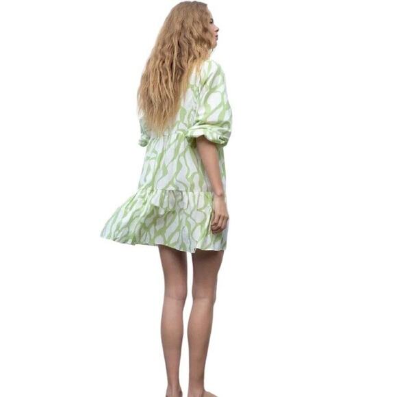 Zara Printed Babydoll Dress S Green Balloon Sleeves Tiered Mini V Neck Tie Fall - Picture 8 of 15